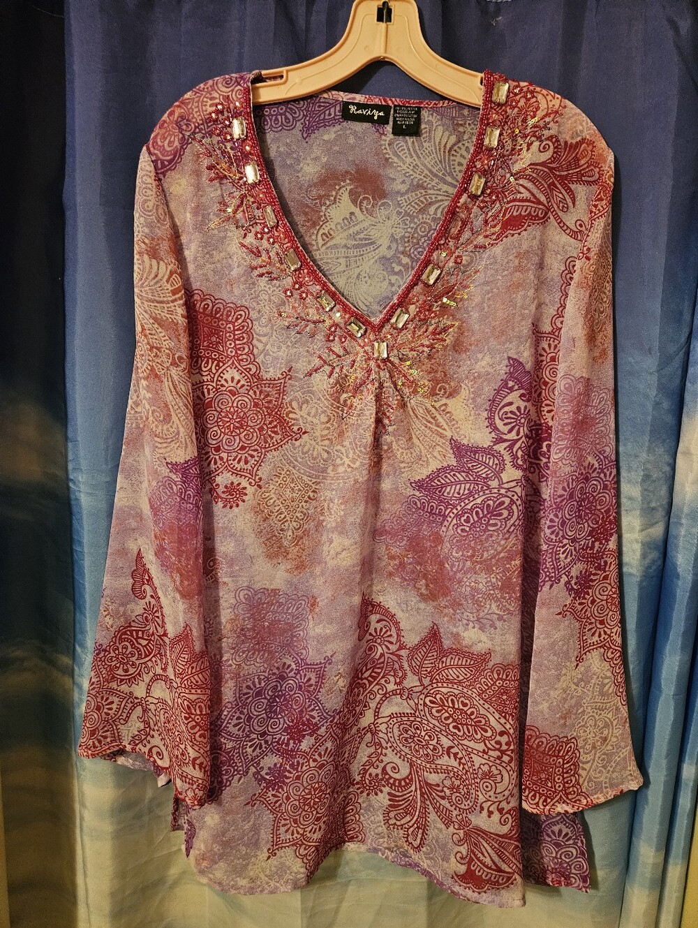 Raviya Jeweled V-Neck Paisley Tunic in Purple and Pink